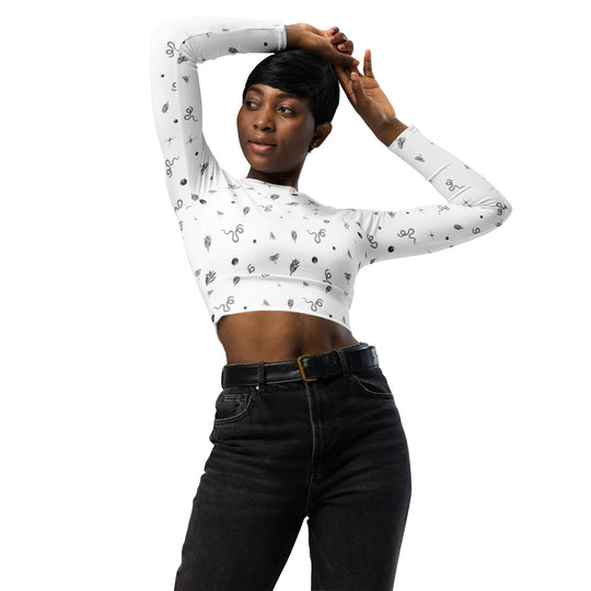 Mystic Print Long Sleeve Crop Top | White | UPF 50+, Comfortable for Active Lifestyles