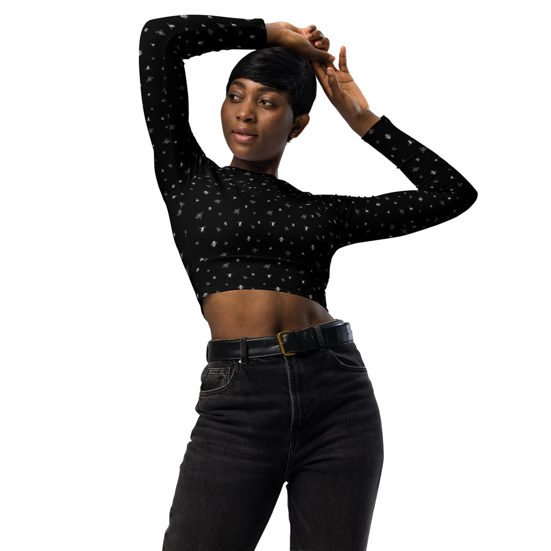 Bee Print Crop Top | Black | UPF 50+ | Made from Recycled Materials