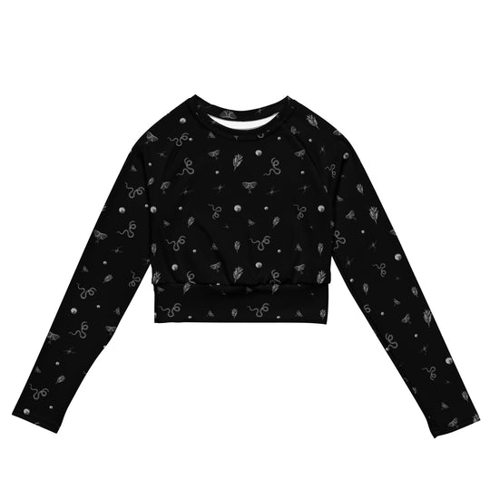 Mystic Print Long Sleeve Crop Top | Black | UPF 50+, Comfortable for Active Lifestyles