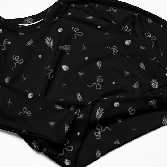 Mystic Print Long Sleeve Crop Top | Black | UPF 50+, Comfortable for Active Lifestyles