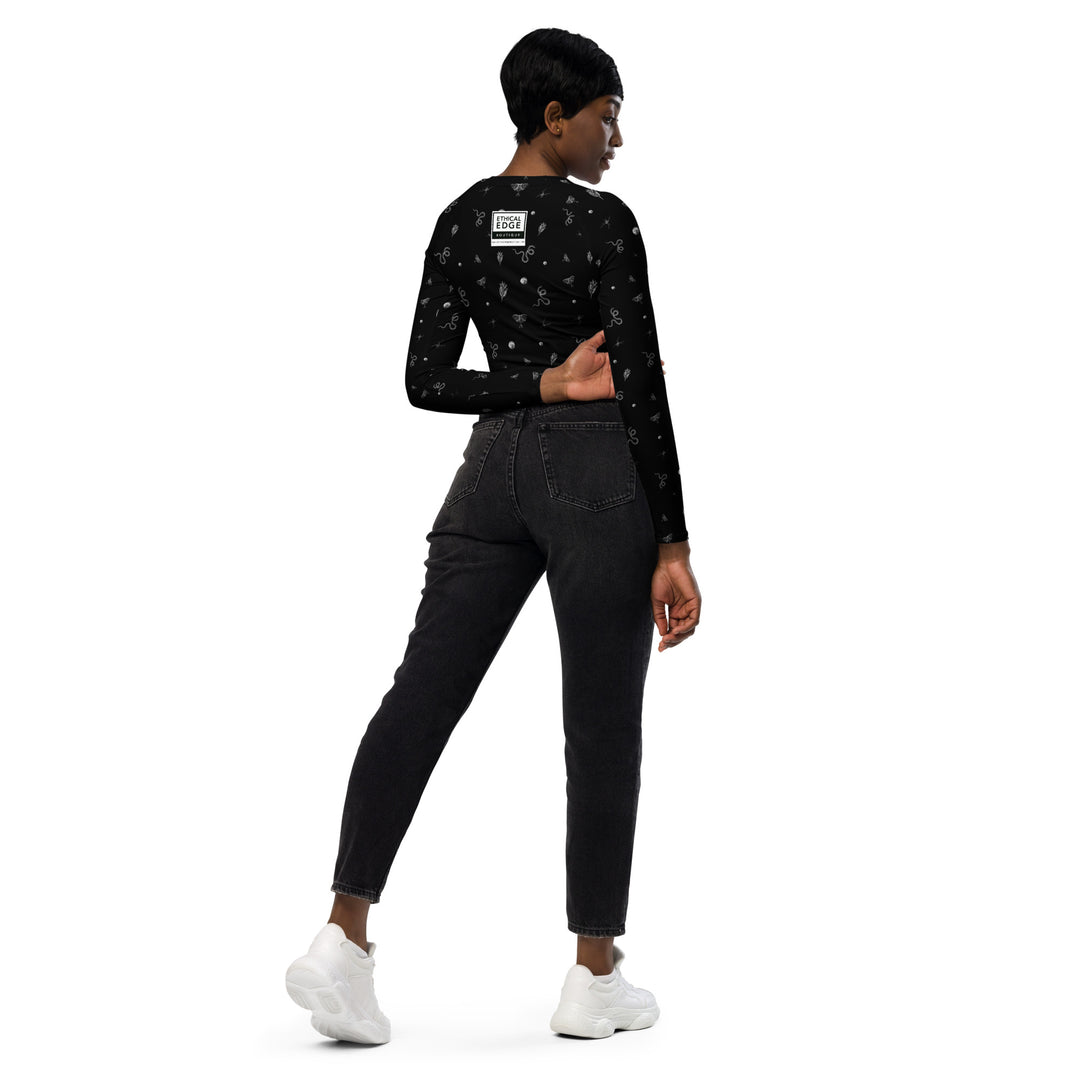 Mystic Print Long Sleeve Crop Top | Black | UPF 50+, Comfortable for Active Lifestyles